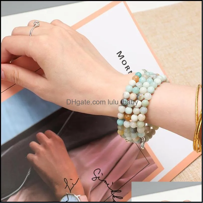  natural stone bead bracele four laps bead silver heart pendant elastic string bracelet for women jewelry wholesalez