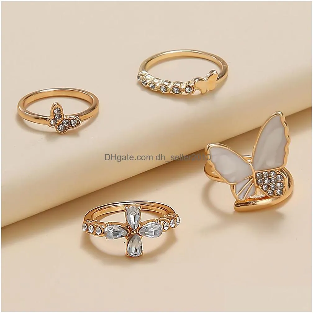 fashion jewelry knuckle ring rhinestone flower butterfly rings set 4pcs/set
