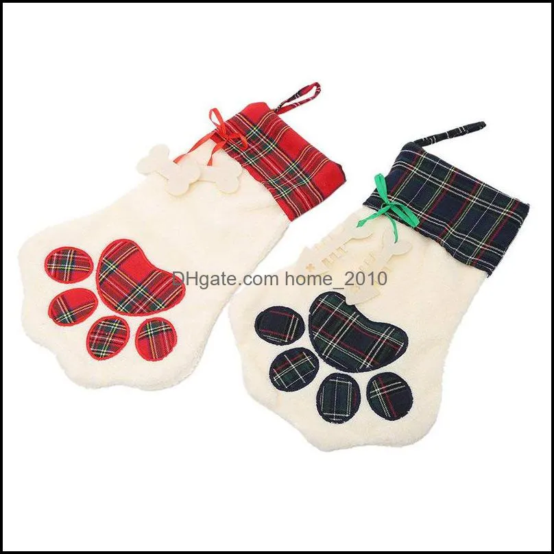 large fluffy santa socks christmas pet dog plaid paw stocking hanging fireplace xmas tree christmas decoration wq223