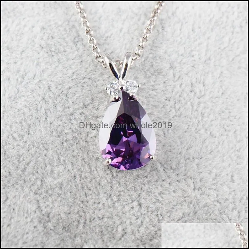  fashion style synthetic zircon teardrop necklace silver color jewelry purple pink green austrian crystal pendant necklace women