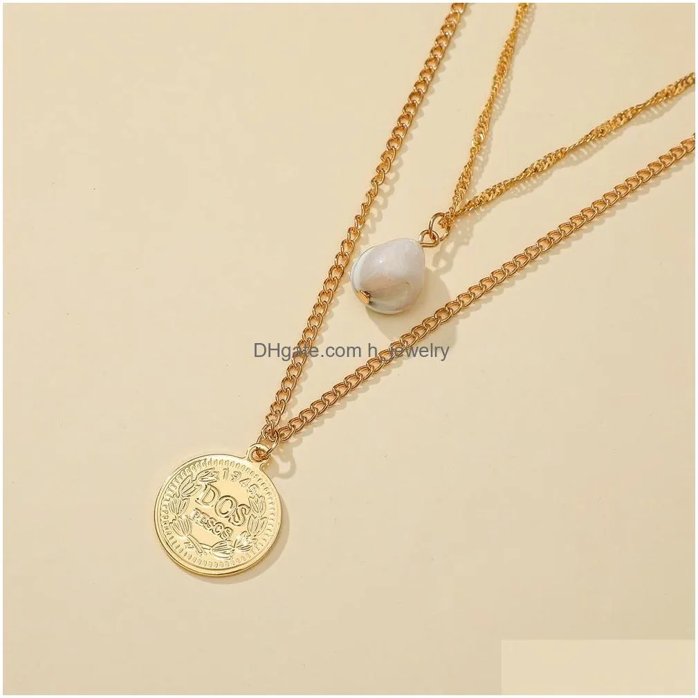 fashion jewelry double layer shell bead retro metal coin pendant necklace