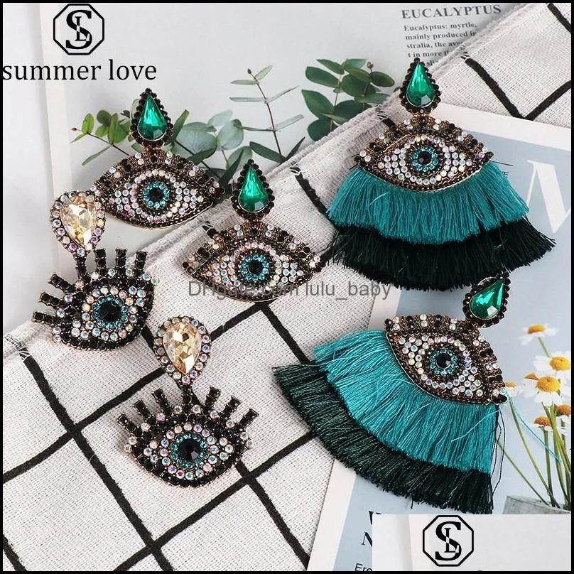 bohemian crystal evil blue eyes long drop earrings for women ethnic trendy tassel statement earrings dangle fashion valentnes day