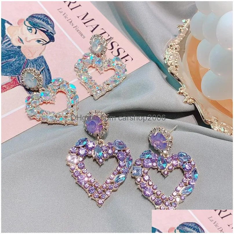 fashion jewelry s925 silver post diamond crystal dangle peach heart earrings purple stud earrings