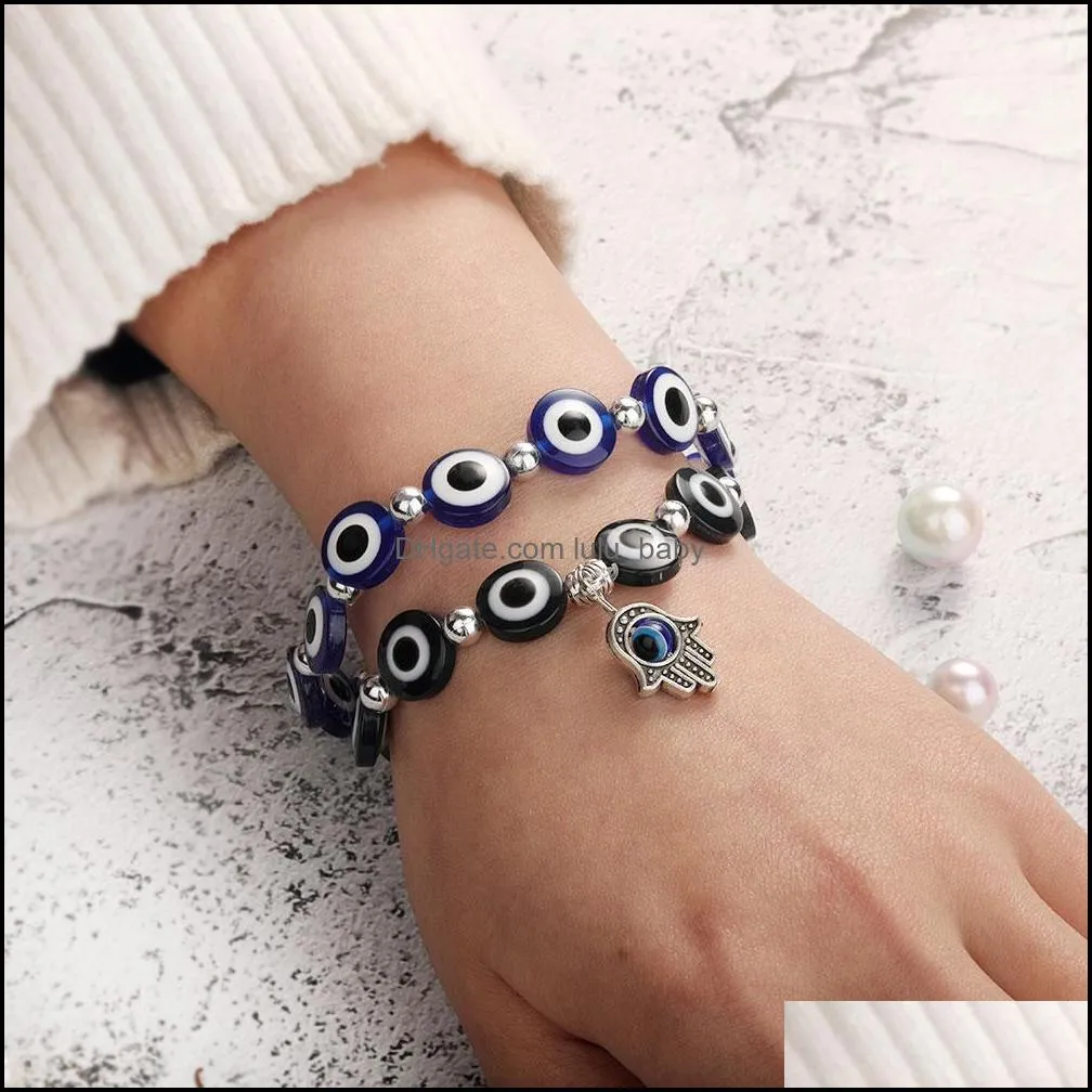 women beaded strands bracelets bohemian charm turkey hamsa hand evil blue eye bracelet polished beads bangle elastic pulsera jewelry