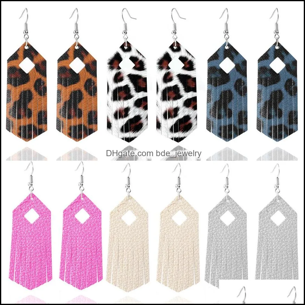 2020 rhombus leopard pu leather dangle earrings for women girls fashion geometric tassel hook earrings jewelry gift wholesale