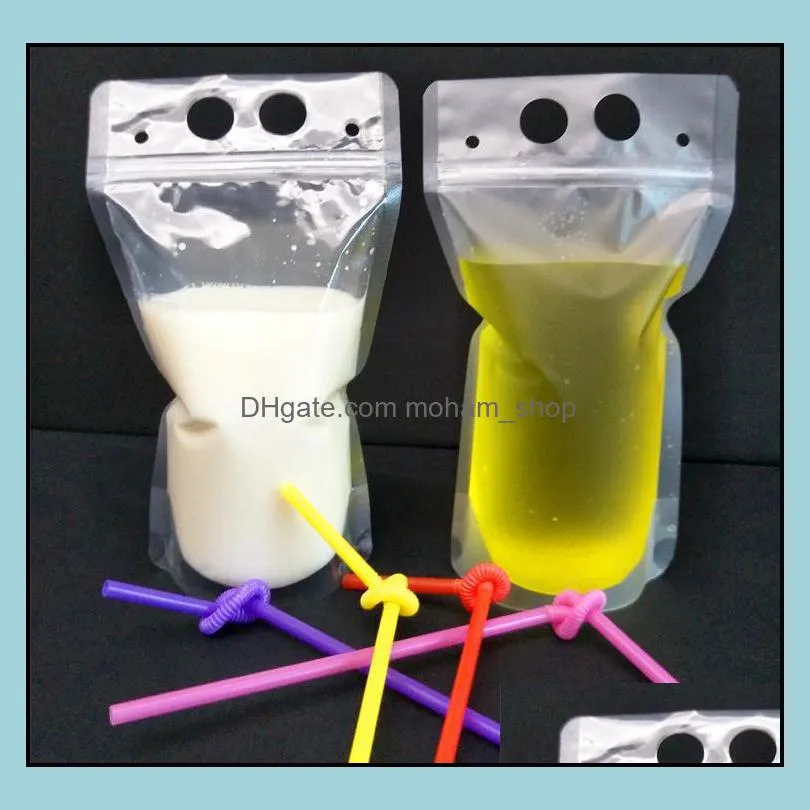 clear drink pouches bags frosted zipper standup plastic drinking bag with straw with holder reclosable heatproof sn2558