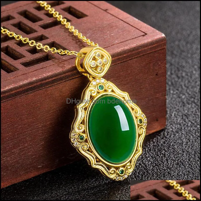 court style retro light luxury ruyi ladies necklace imitation green chalcedony pendant pendant necklace jade green jade pendant bdehome