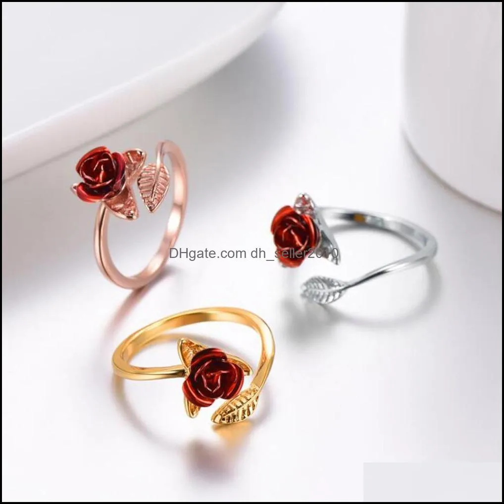 trendy red rose garden flower leaves open ring resizable finger rings for women valentines day gift jewelry