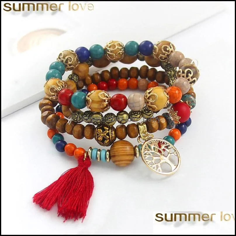 classic bead bracelet set for women multilayer natural wooden bead boho vintage tree tassel charms beads bracelets jewelry gifts