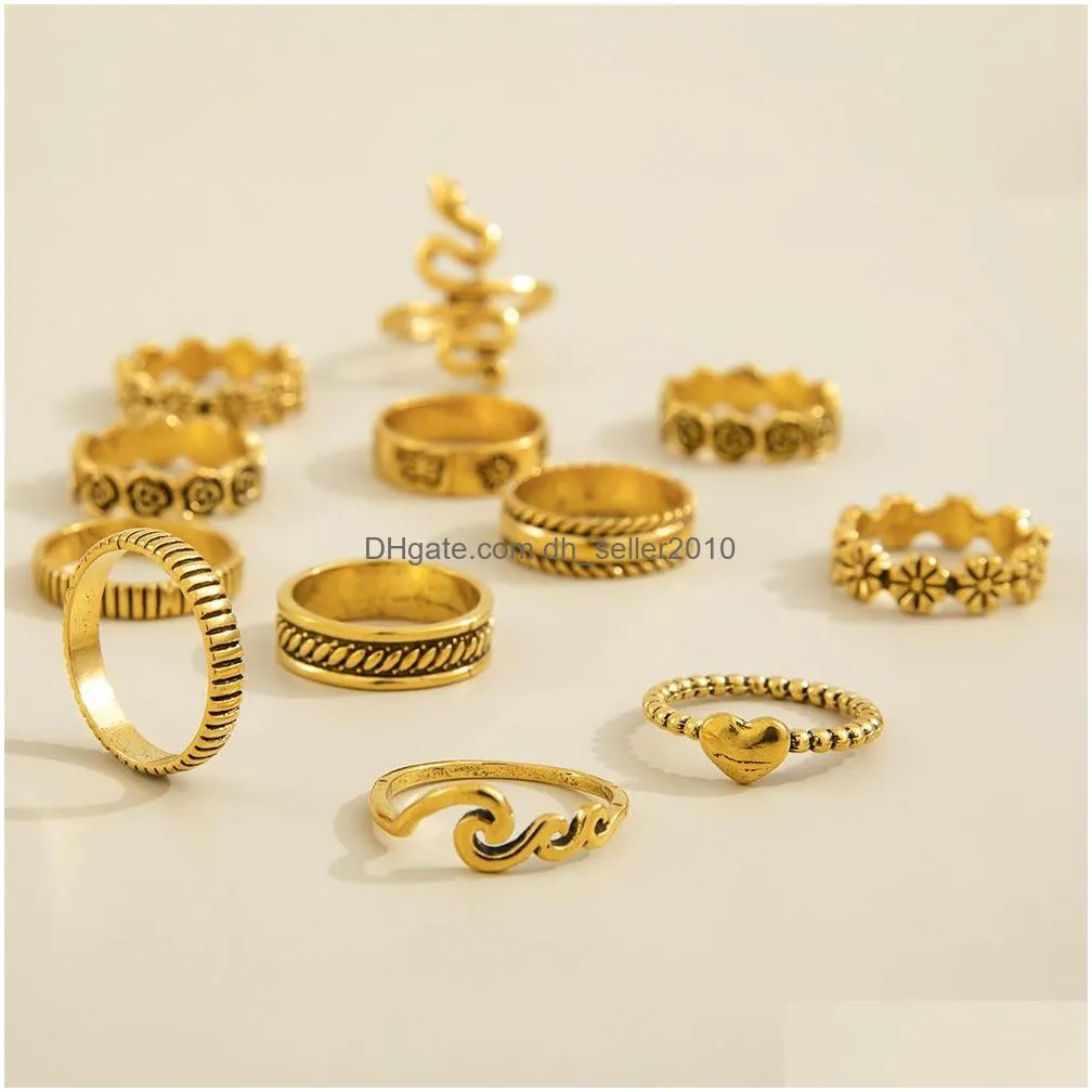 fashion jewelry vintage gold flower snake heart geometric stacking rings midi rings sets 12pcs/set