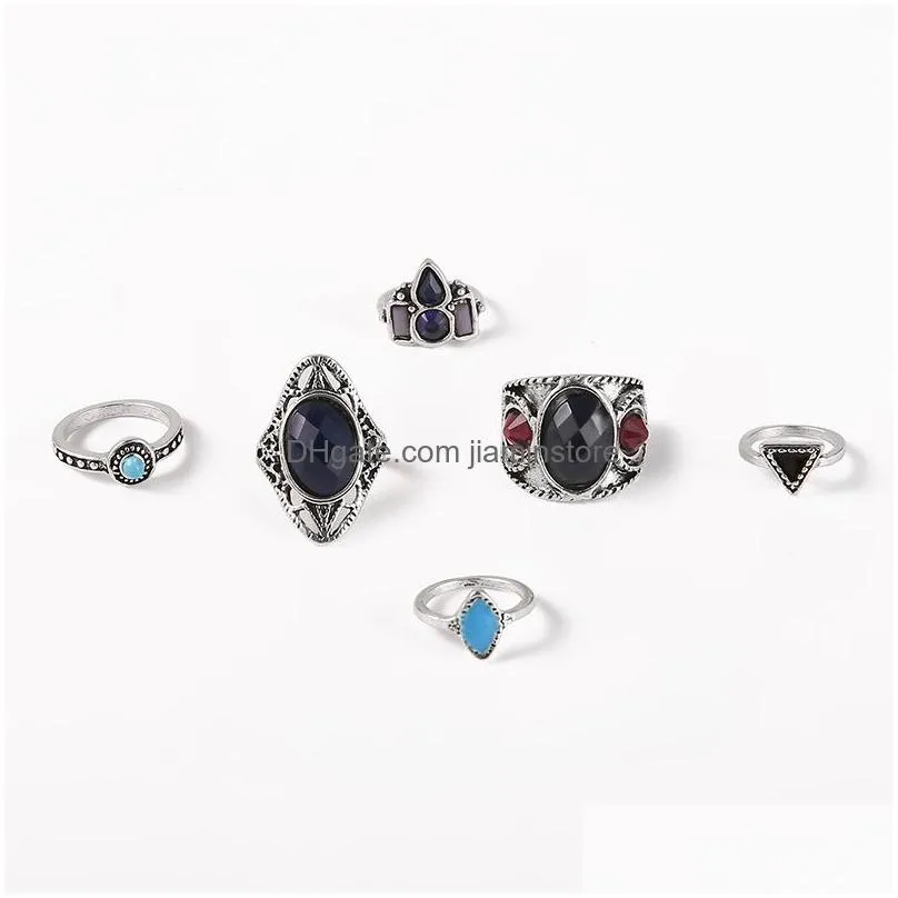 fashion jewelry knuckle ring set geometric black resin rhinestone vintage stacking rings set 6pcs/set