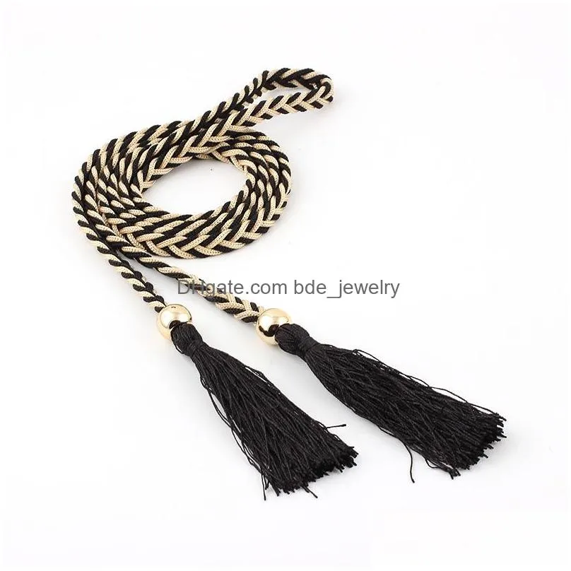 womens woven decorative waist rope belt ethnic wind knot tassels dress waist chain belt