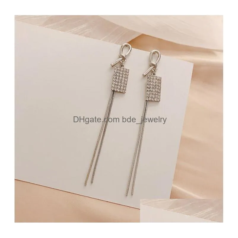 fashion jewelry s925 silver post squre rhinstone eardrop earrings long tassels dangle stud earrings