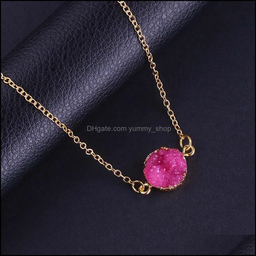  arrival resin druzy druzy necklaces for women girls fashion gold plated 5 colors round stone pendant necklace lucky jewelry gifty