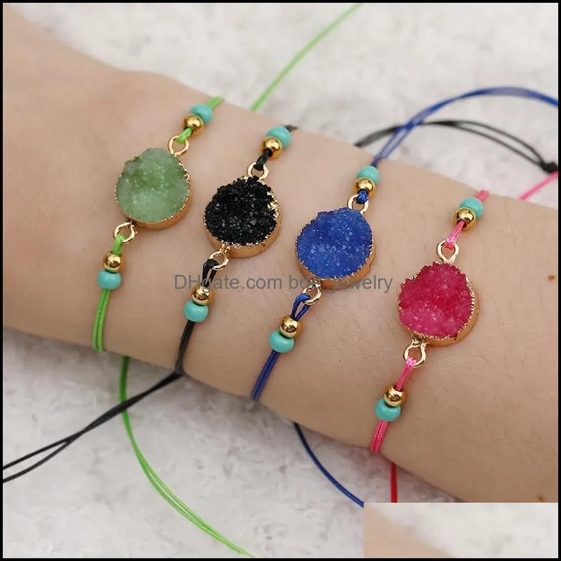 colorful resin imitation stone pendant stainless steeling bead bracelet with korean wax rope adjustable bracelet for women charm