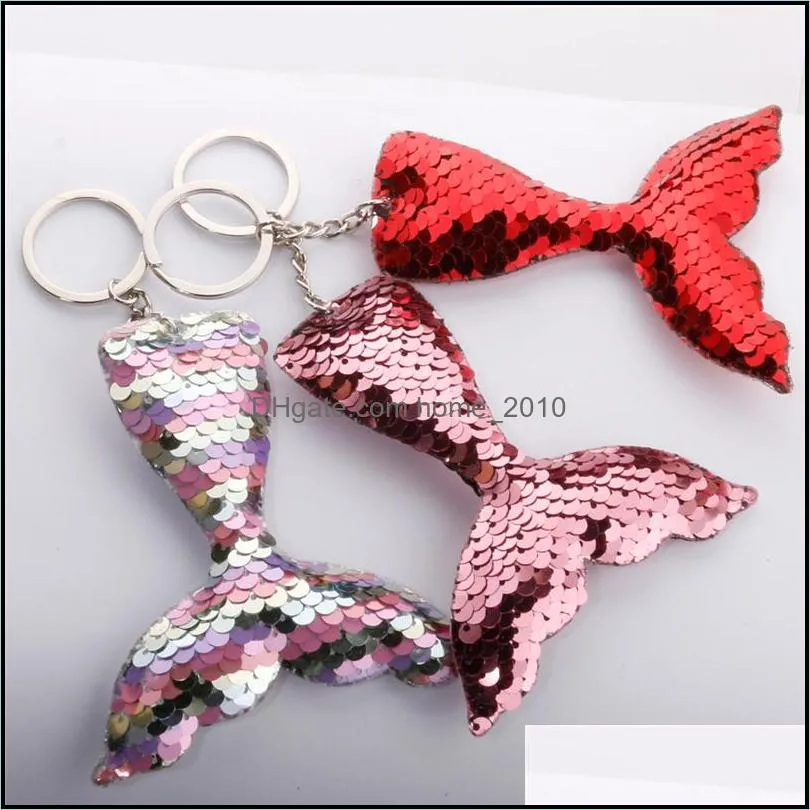 cute mermaid fish tail glitter sequins keychain for women girls handbag purse keyring jewelry gift wq653