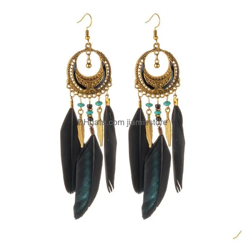 bohemian fashion jewelry feather tassel earrings beads dangle earrings