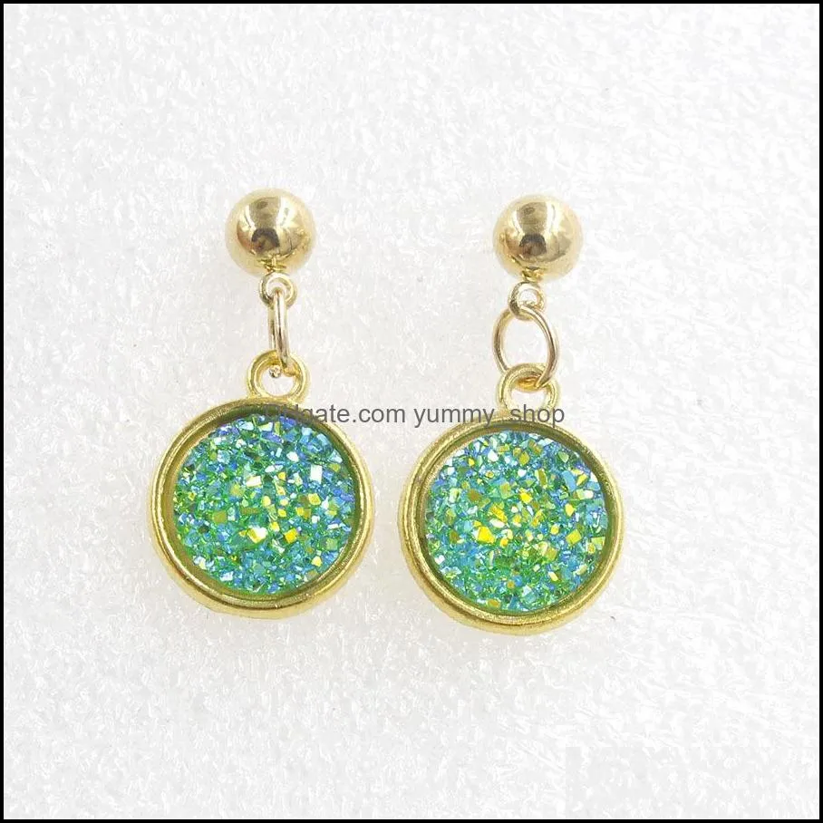 trendy drusy round resin stone dangle earings for women colorful gold sparkly quartz druzy earrings valentines day jewelry gifty