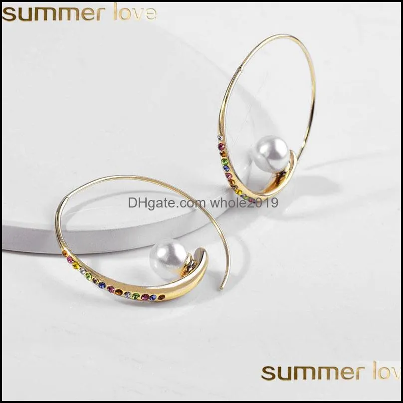 elegant women multicolor rhinestone circle earrings with floating pearl wedding jewelry accessories gold plated crystal hoop earring