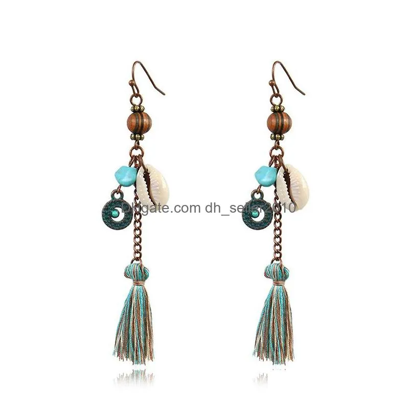 fashion jewerly vintage shell wooden beads tassels dangle earrings handmade earrngs