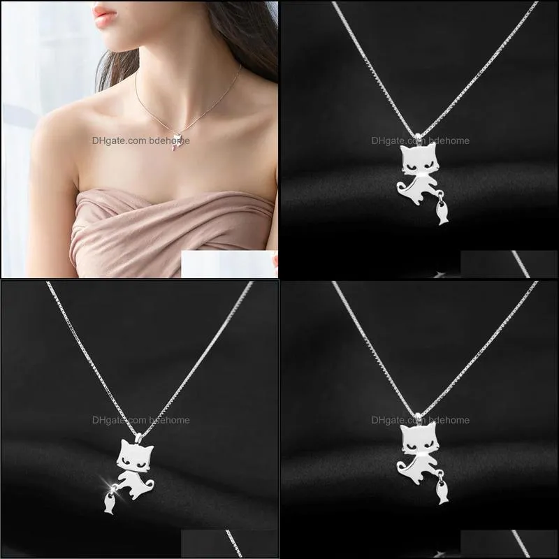 silver kitten necklace womens temperament sweet cat fishing pendant necklace collarbone chain party birthday gift cat necklaces bdehome