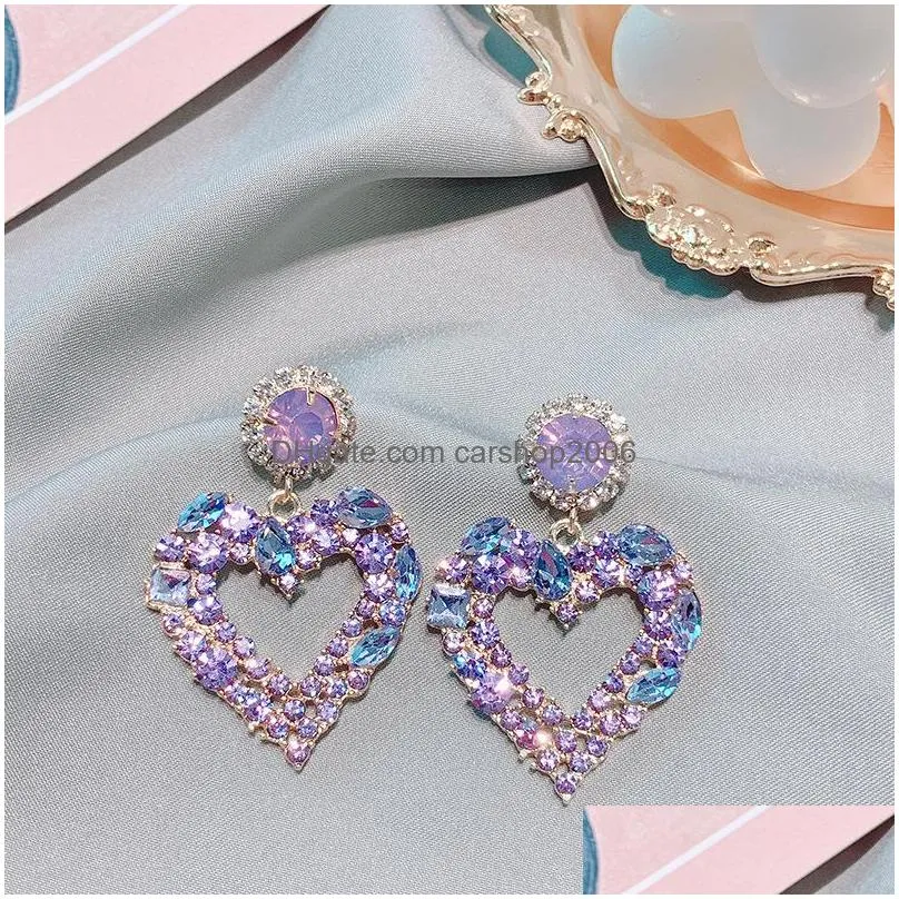 fashion jewelry s925 silver post diamond crystal dangle peach heart earrings purple stud earrings