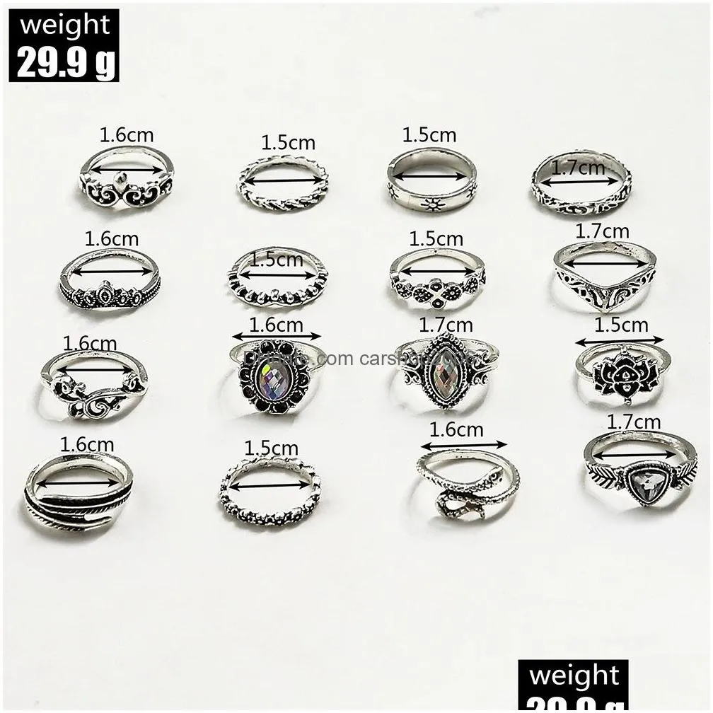 fashion jewelry vintage ring set snake carved flower feather crown rings sets 16pcs/set