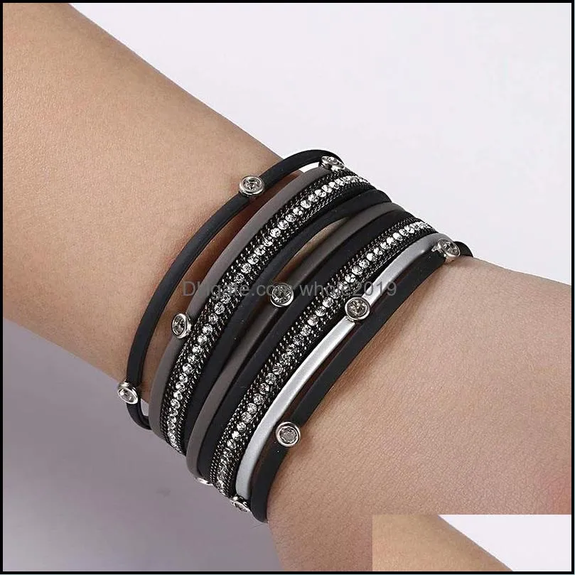  selling rhinestone crystal multilayer bracelets bangles leather wrap bracelet wristbands for women magnet buckle colorful jewelry