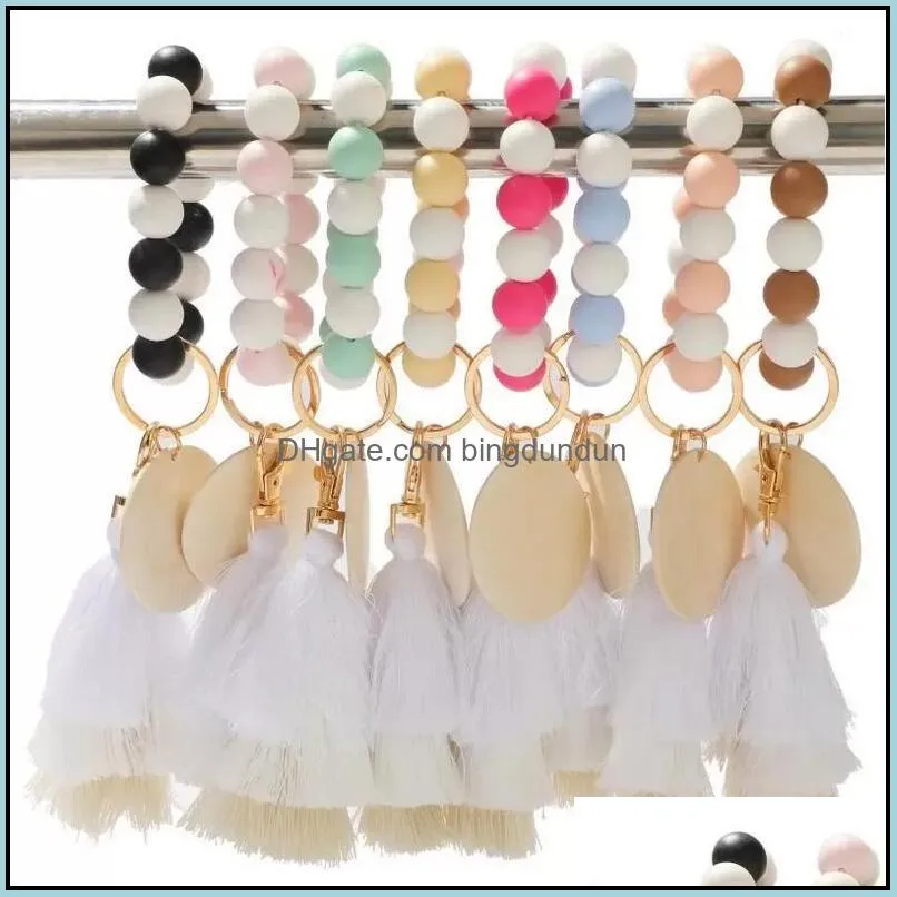 wood bracelet jewelry party favor silicone beaded tassel beadeds keychains colorful fringe bracelets bangle wrist key ring paa12965