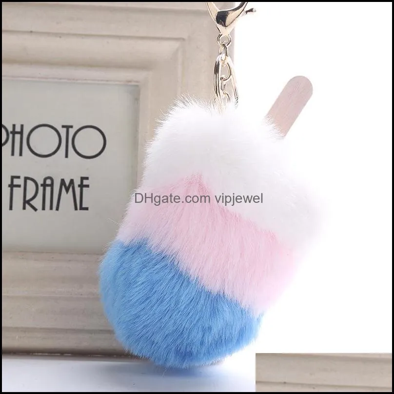 fluffy ice cream fur ball key ring charm hanging pompom keychain plush pendant bag keyfobs holder ornament 7 styles h586q a