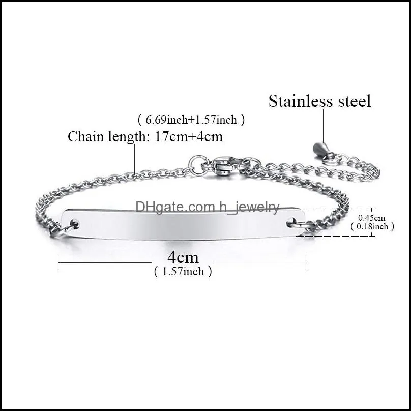 fashion personalized stainless steel custom engraved adjust length smooth polished id tag card bracelet simple jwerly gift for women