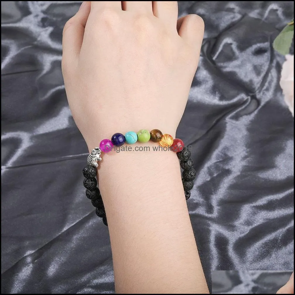 7 chakra natural stone bead bracelet cute friendship elephant charm bracelets  oil diffuser yoga bracelet