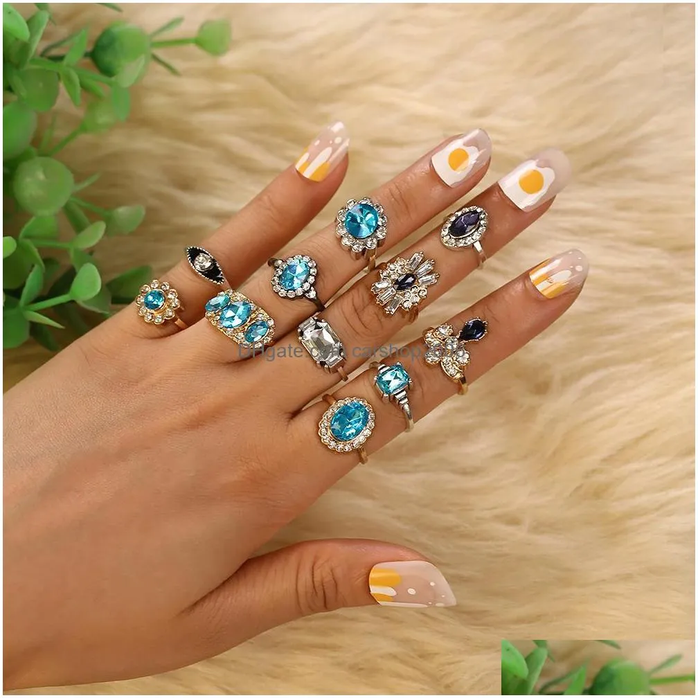 fashion jewelry blue black rhinstones double color ring set knuckle rings 11pcs/set