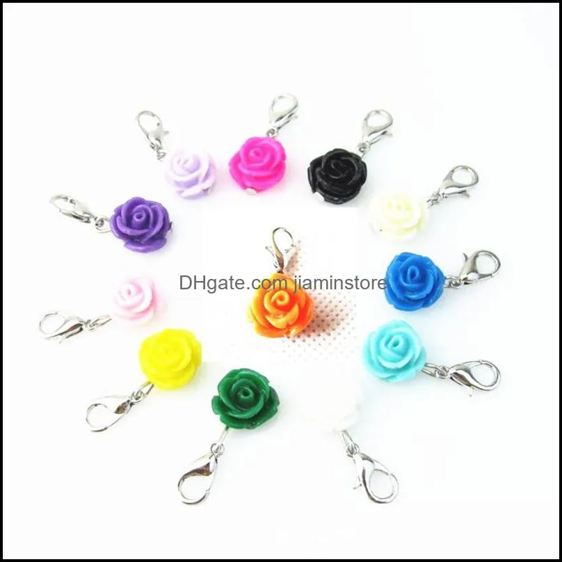 120pcs mix 12 colors rose flowers charms dangle hanging charms diy bracelet necklace jewelry accessory lobster clasp floating charms 2234