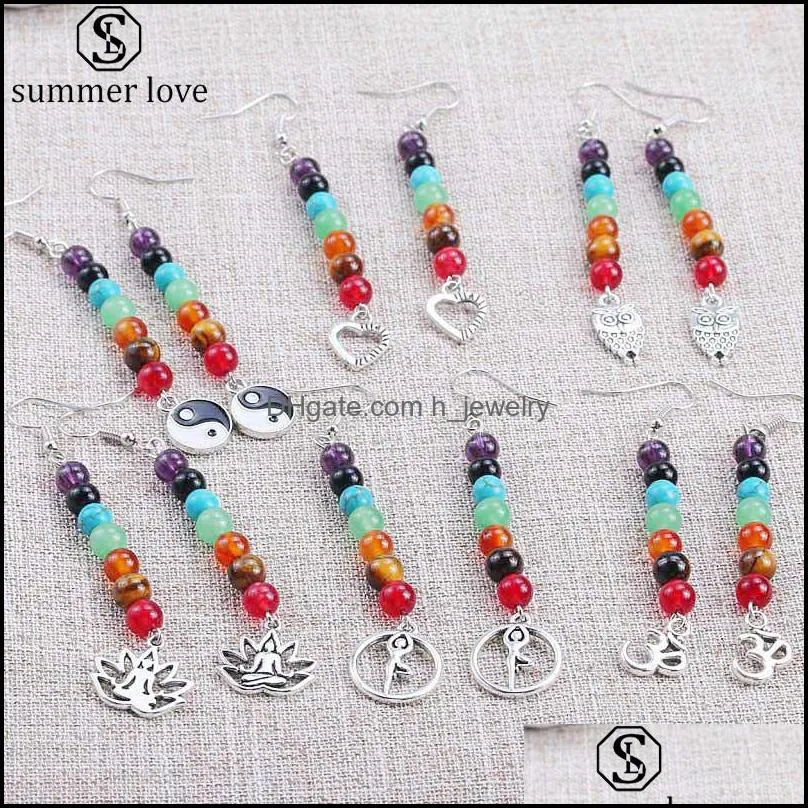 2020 7 chakra long drop earrings for women natural stone beads reiki healing yoga earring ethnic casual jewelry wholesalez