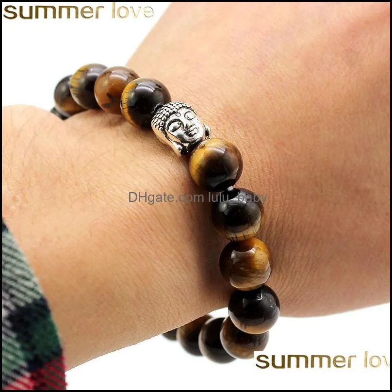 10mm natural stone beads bracelets tiger eye buddha head men bracelets prayer lava round beads elasticity rope bracelet for women
