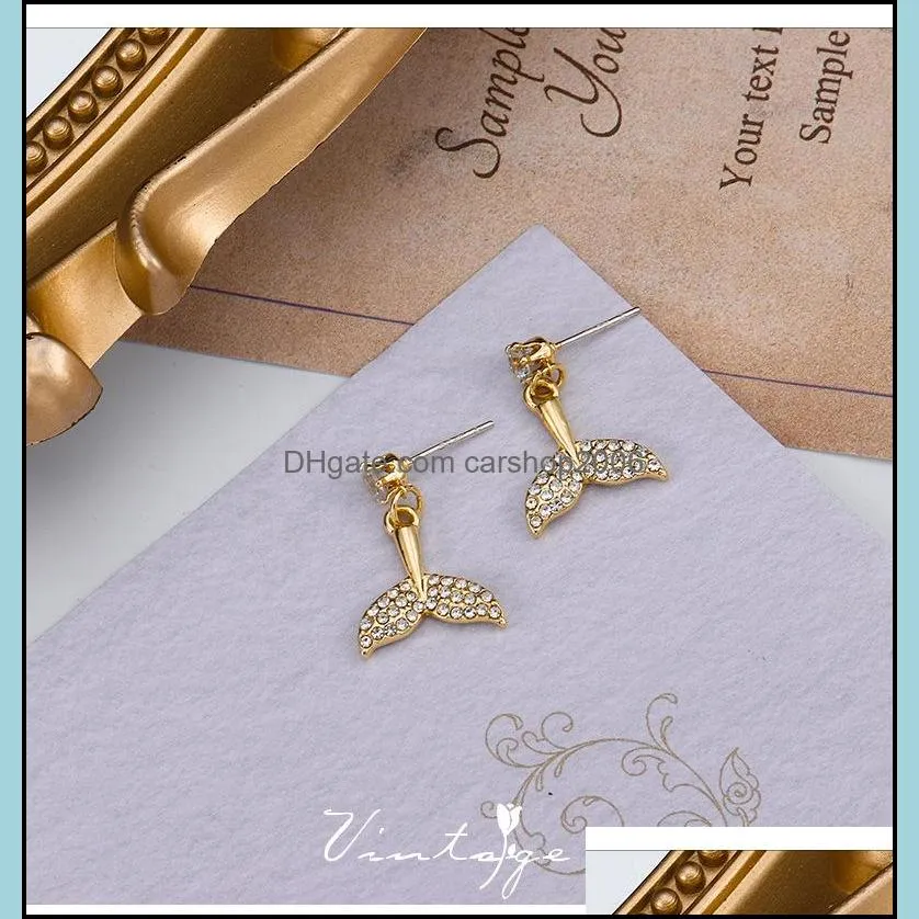 2021 arrival trendy korean double crystal fishtail stud earrings for women fashion geometric gold color metal party