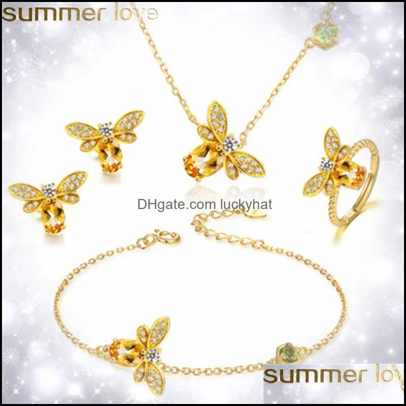  yellow crystal honey bee pendant necklace women jewelry cute rhinestone bee bracelets rings earrings jewelry set gold