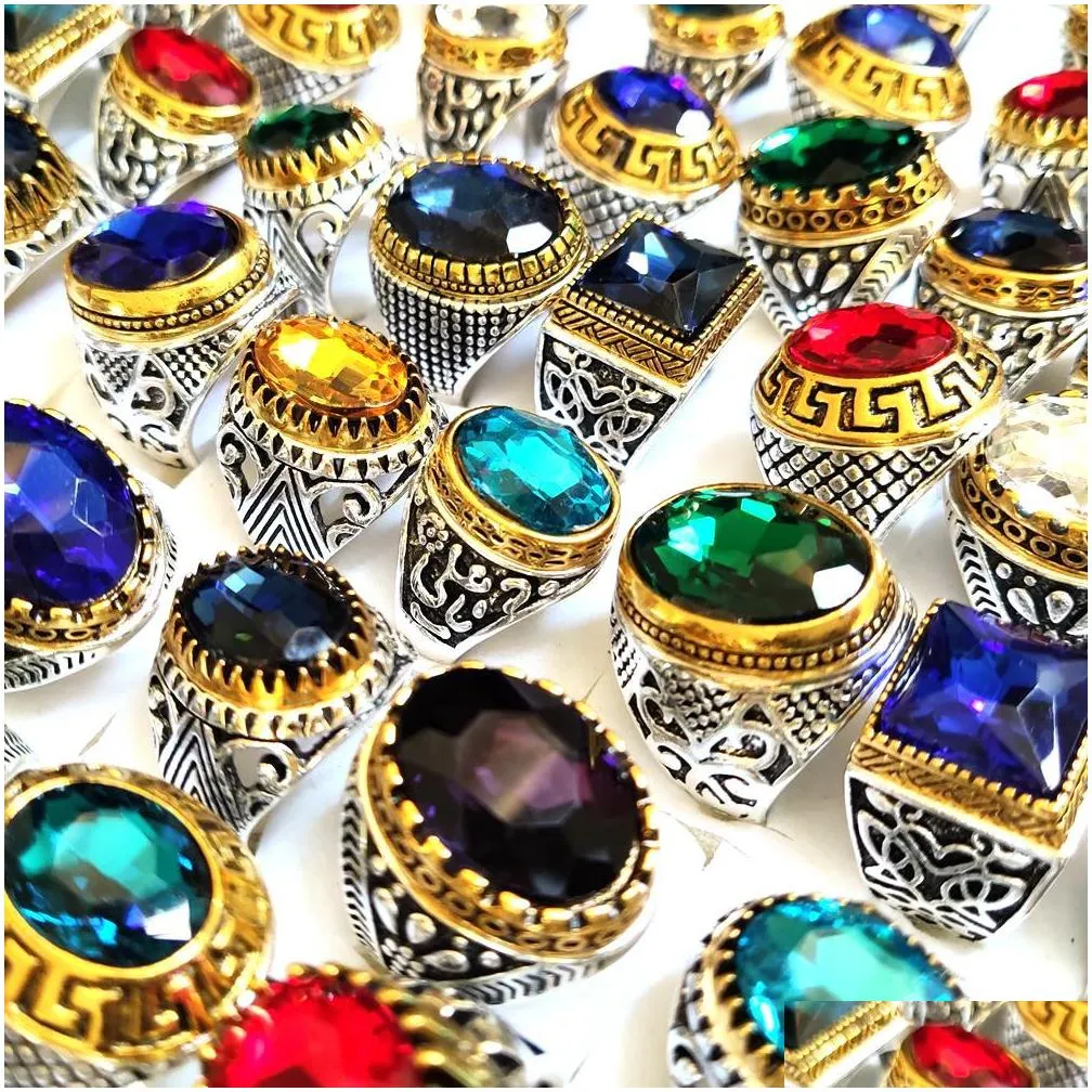 wholeseale lots 20pcs/lot luxury crystal stone silver gold charm ring men women vintage silver alloy zircon rings colorful wedding engagement