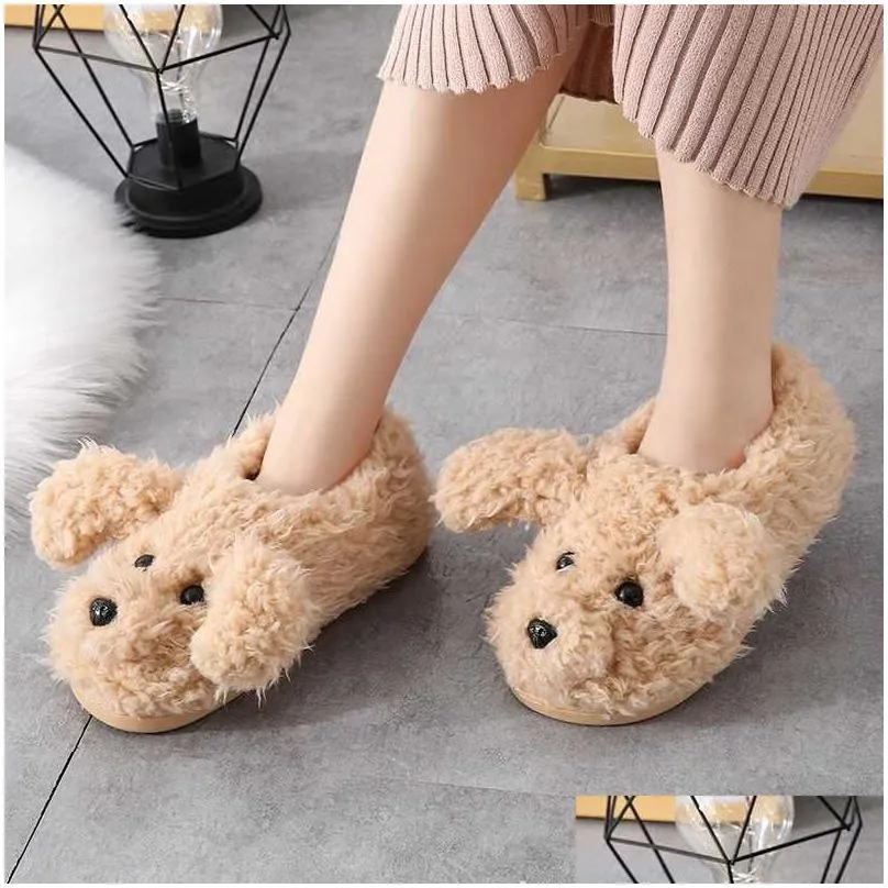 lifelike 3d teddy dog women men plush slippers winter warm soft sole shoes couples home ladies indoor bedroom slip on fur slides