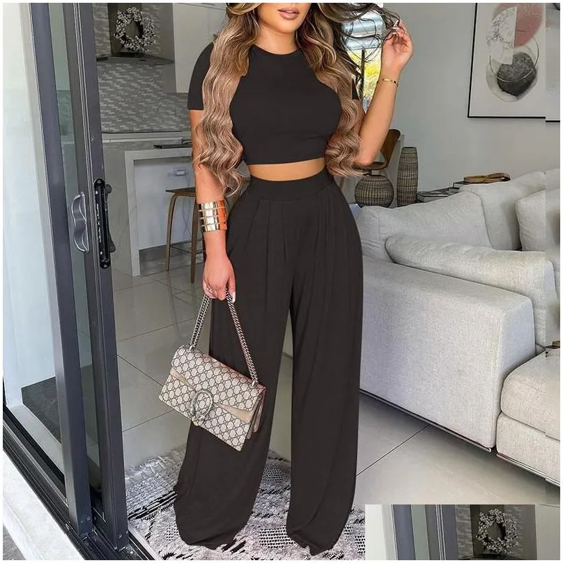 womens two piece pants homewear summer women y wear suit sets solid plus size round neck plain short sleeve crop top wide leg