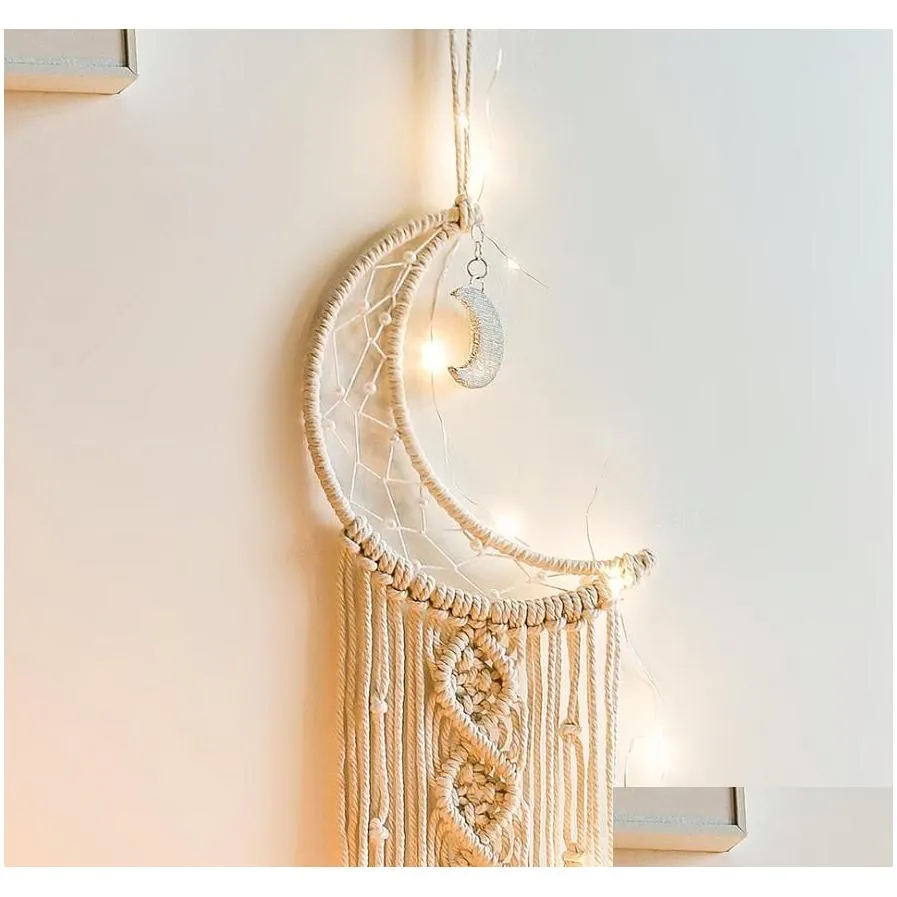 woven moon dream catcher macrame wall hanging tapestry home nursery wall decor handmade dreamcatcher ornament beige bohemian style267e