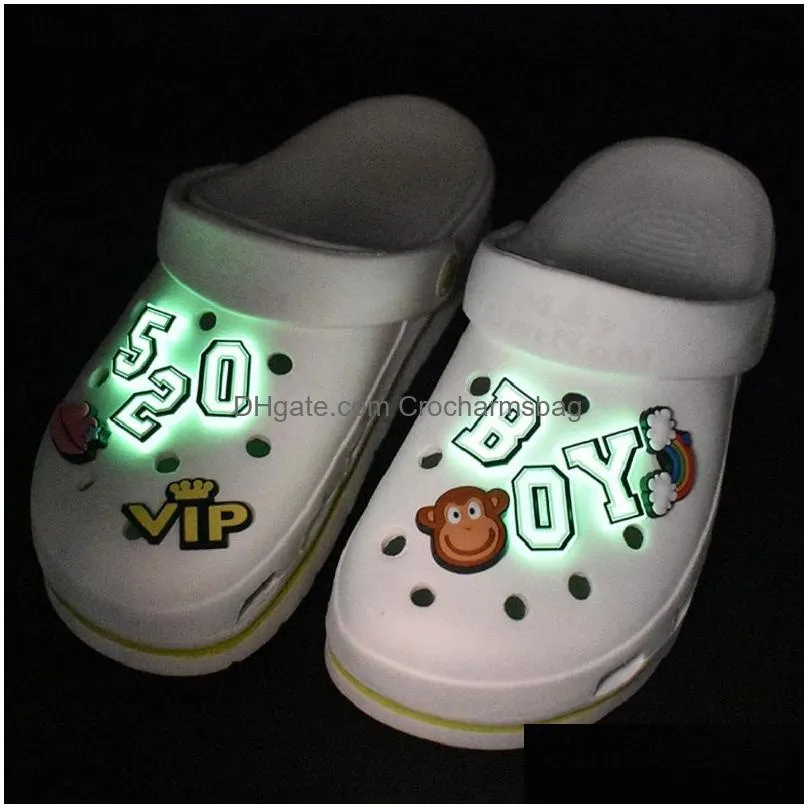 Cute letter PVC Shoe Charms Shoe Buckles Glow luminous Buckles Fit Bracelets Croc JIBZ Shoe accessories kids gift