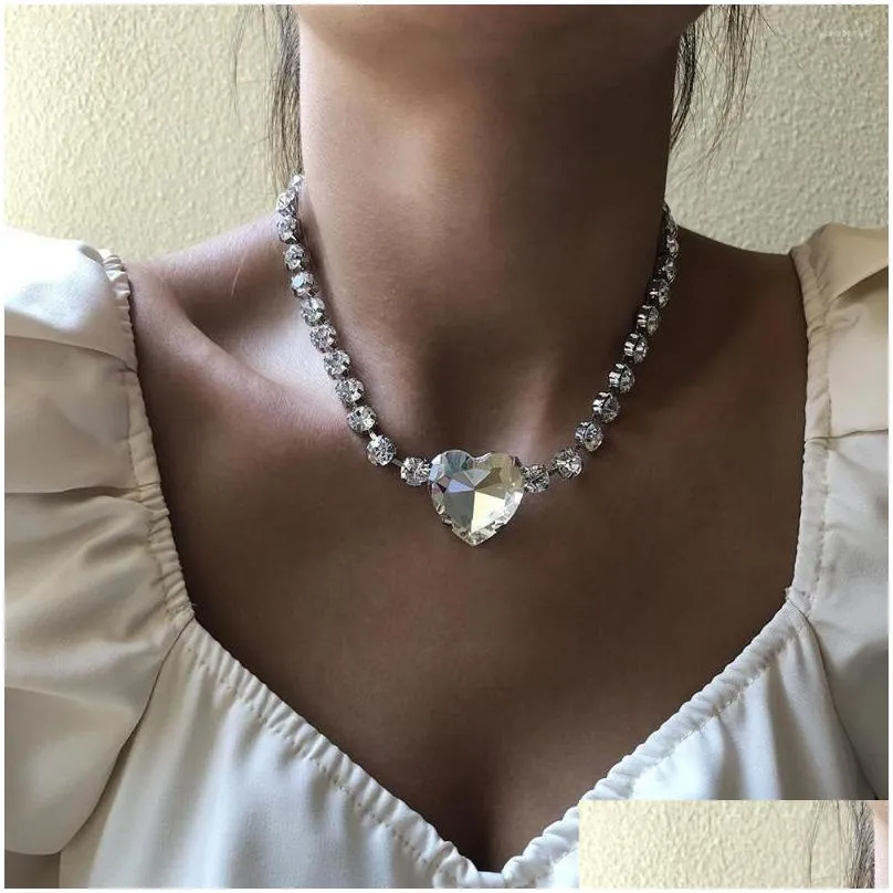 choker shine big heart crystal rhinestone love silver necklace lolita chain for dance party women jewelry