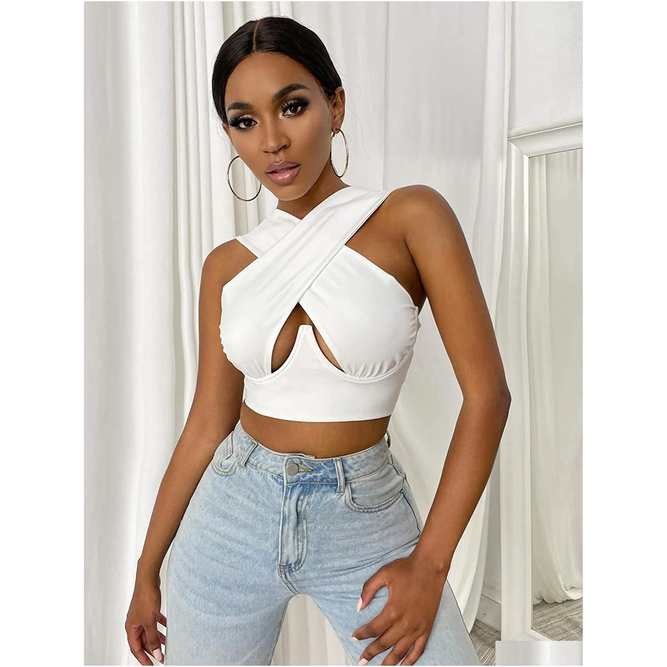 womens criss cross tank tops y sleeveless solid color cutout front crop top party club streetwear summer lady bustier camis