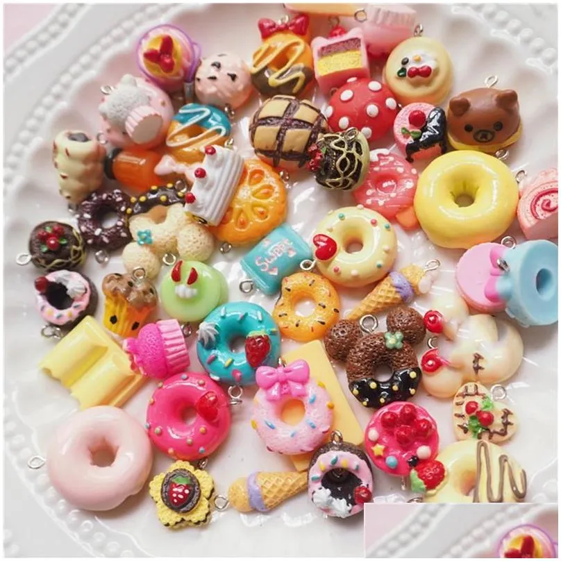 charms 30pcs/set mini kawaii mix resin food necklace donut cake cream pendant for diy decoration keychain charmscharmscharms