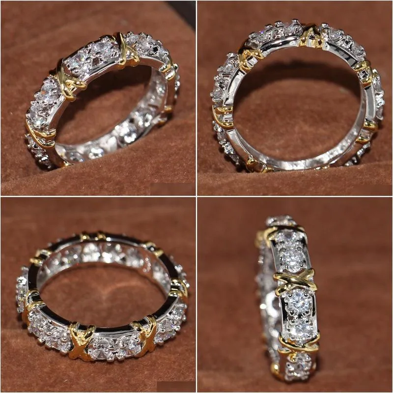 wholesale professional eternity diamonique cz simulated diamond 10kt white yellow gold filled wedding band cross ring size 5-11