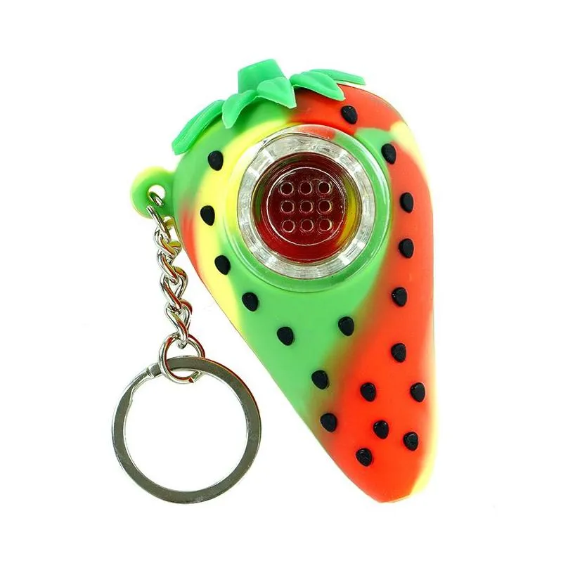  est mini smoking pipes silicone oil burner pipes strawberry style with key chain 3inch small portable hand glass bongs tabocco accessories dab
