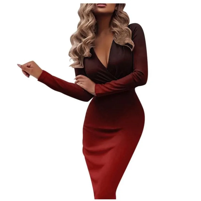 womens casual dress 2023 summer womens gradient slim fit long sleeve sexy deep v-neck wrapped hip dress