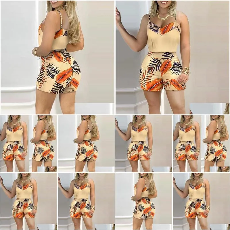 womens tracksuits women fashion casual two-piece set suits wear female print spaghetti strap top shorts